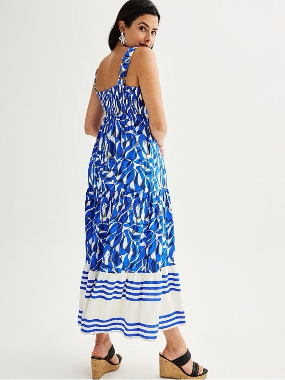 Nine West Blue and White Printed Tiered Maxi Dress